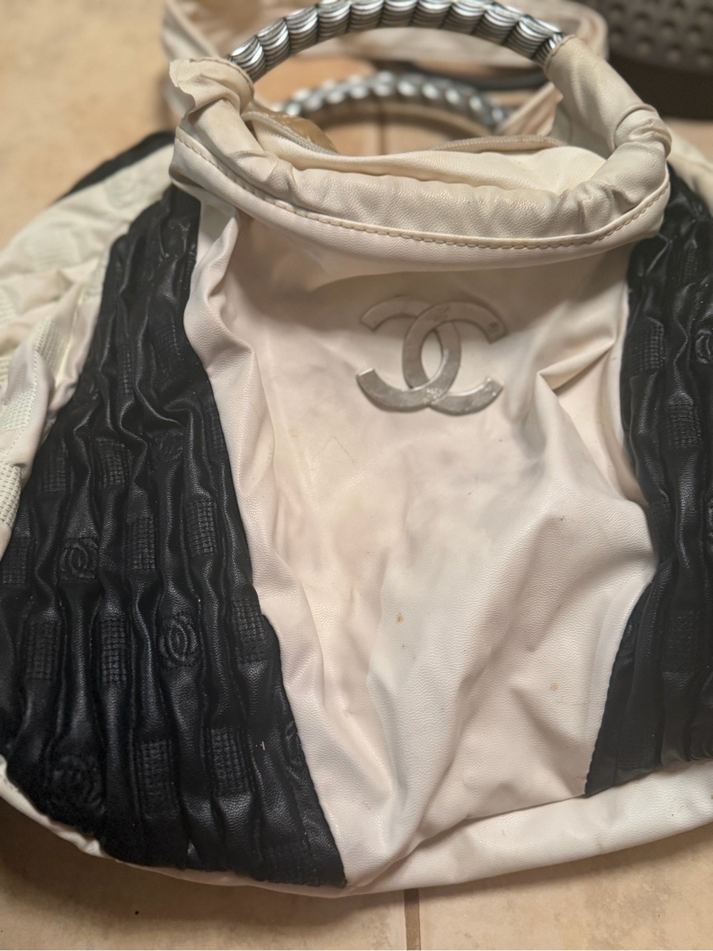 CHANEL Cream and Black Quilted Logo Tote with Silver-Tone Handles